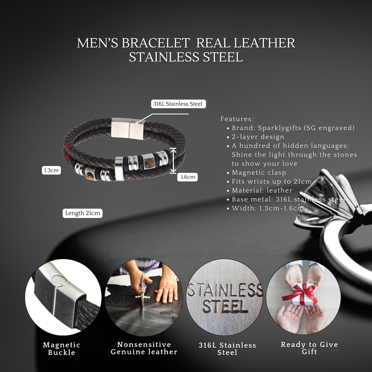Men’s Hidden Hundred Languages Projection 2-Layer Stainless Steel Beaded Brown Leather Braided Bracelet