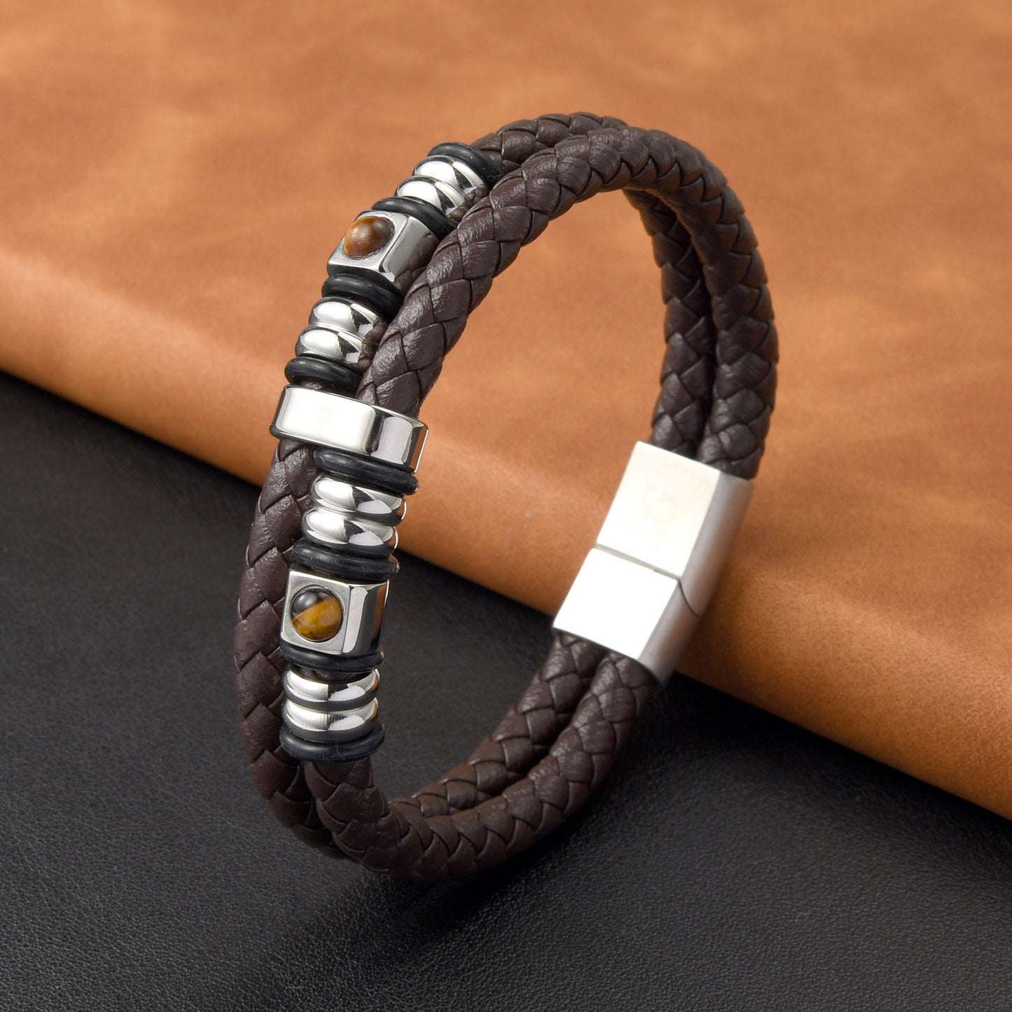 Men’s Hidden Hundred Languages Projection 2-Layer Stainless Steel Beaded Brown Leather Braided Bracelet