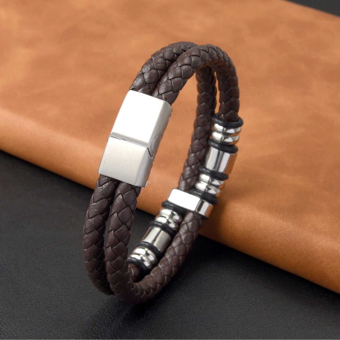 Men’s Hidden Hundred Languages Projection 2-Layer Stainless Steel Beaded Brown Leather Braided Bracelet