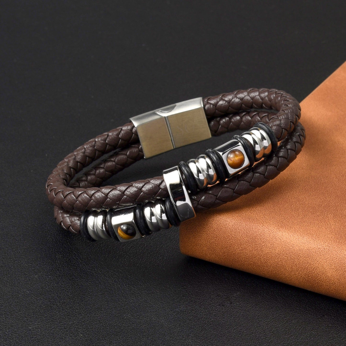Men’s Hidden Hundred Languages Projection 2-Layer Stainless Steel Beaded Brown Leather Braided Bracelet
