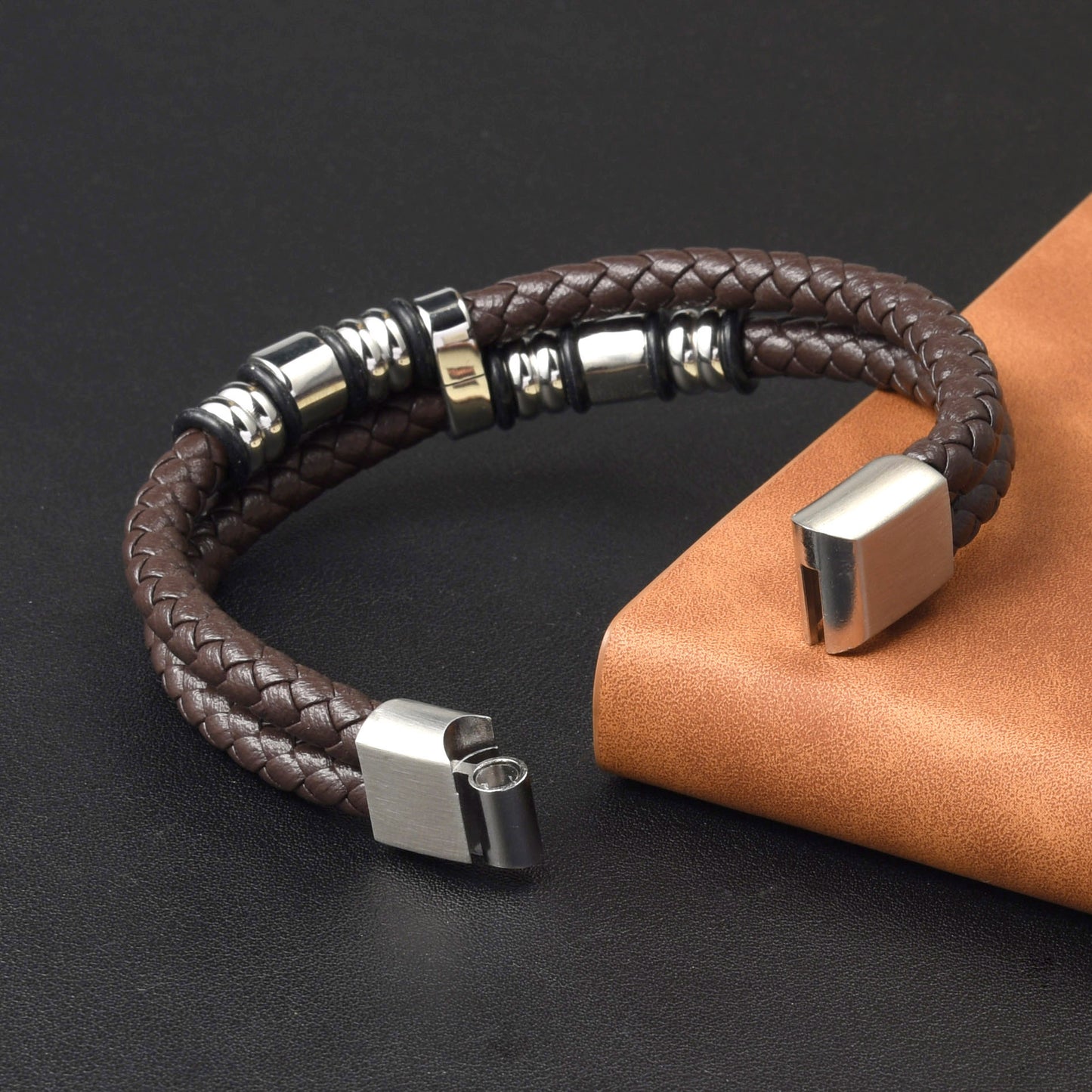 Men’s Hidden Hundred Languages Projection 2-Layer Stainless Steel Beaded Brown Leather Braided Bracelet