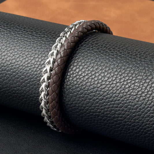 Men’s 2-Layer Stainless Steel Chain Brown Leather Braided Bracelet