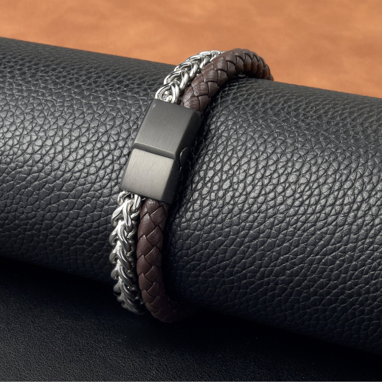 Men’s 2-Layer Stainless Steel Chain Brown Leather Braided Bracelet