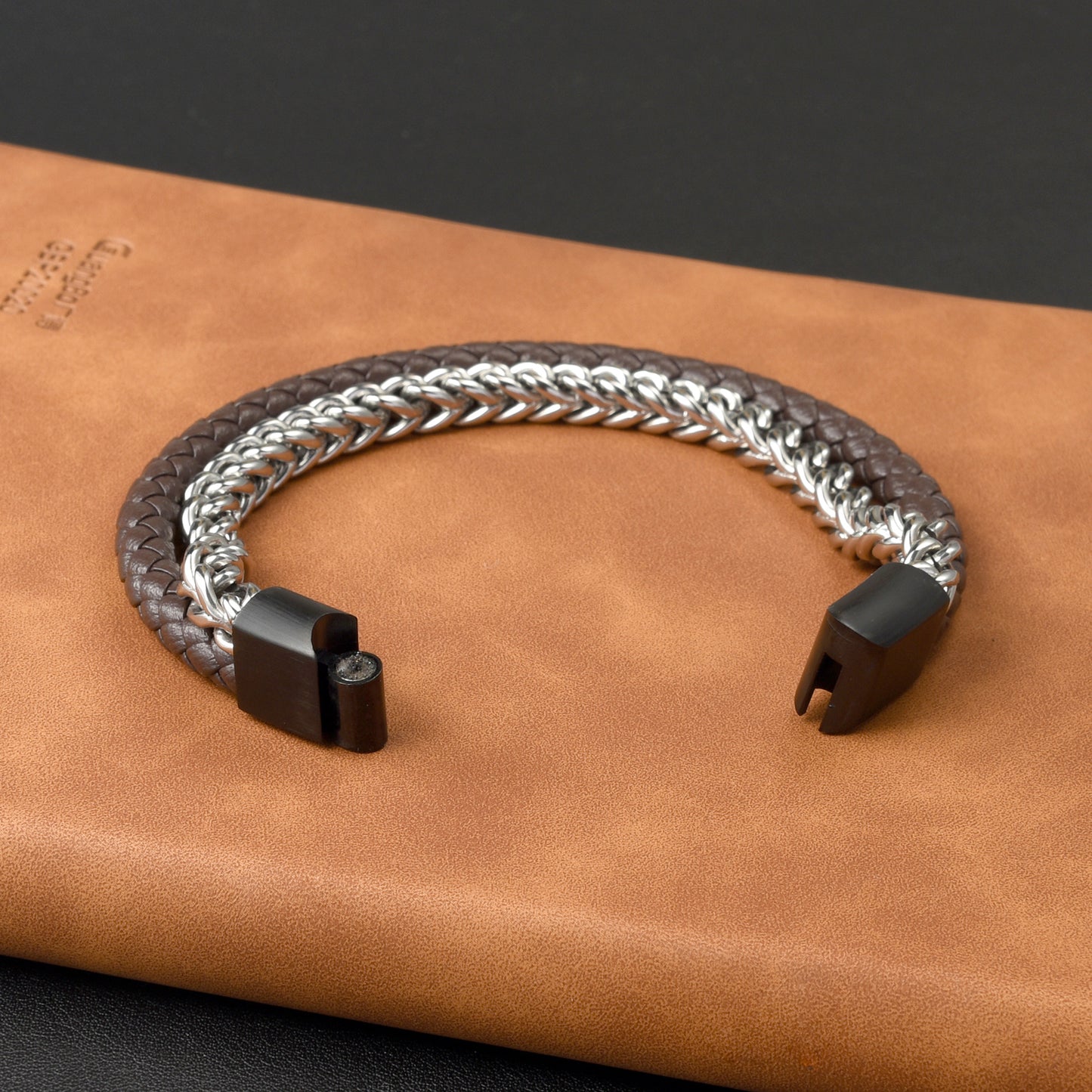 Men’s 2-Layer Stainless Steel Chain Brown Leather Braided Bracelet