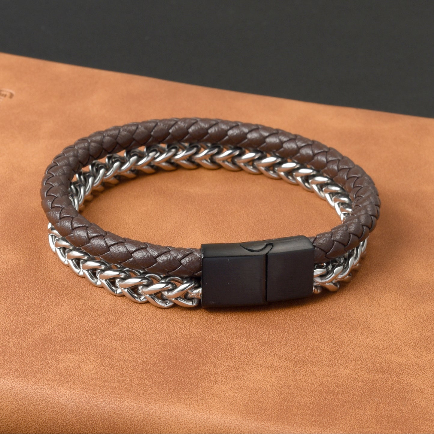Men’s 2-Layer Stainless Steel Chain Brown Leather Braided Bracelet