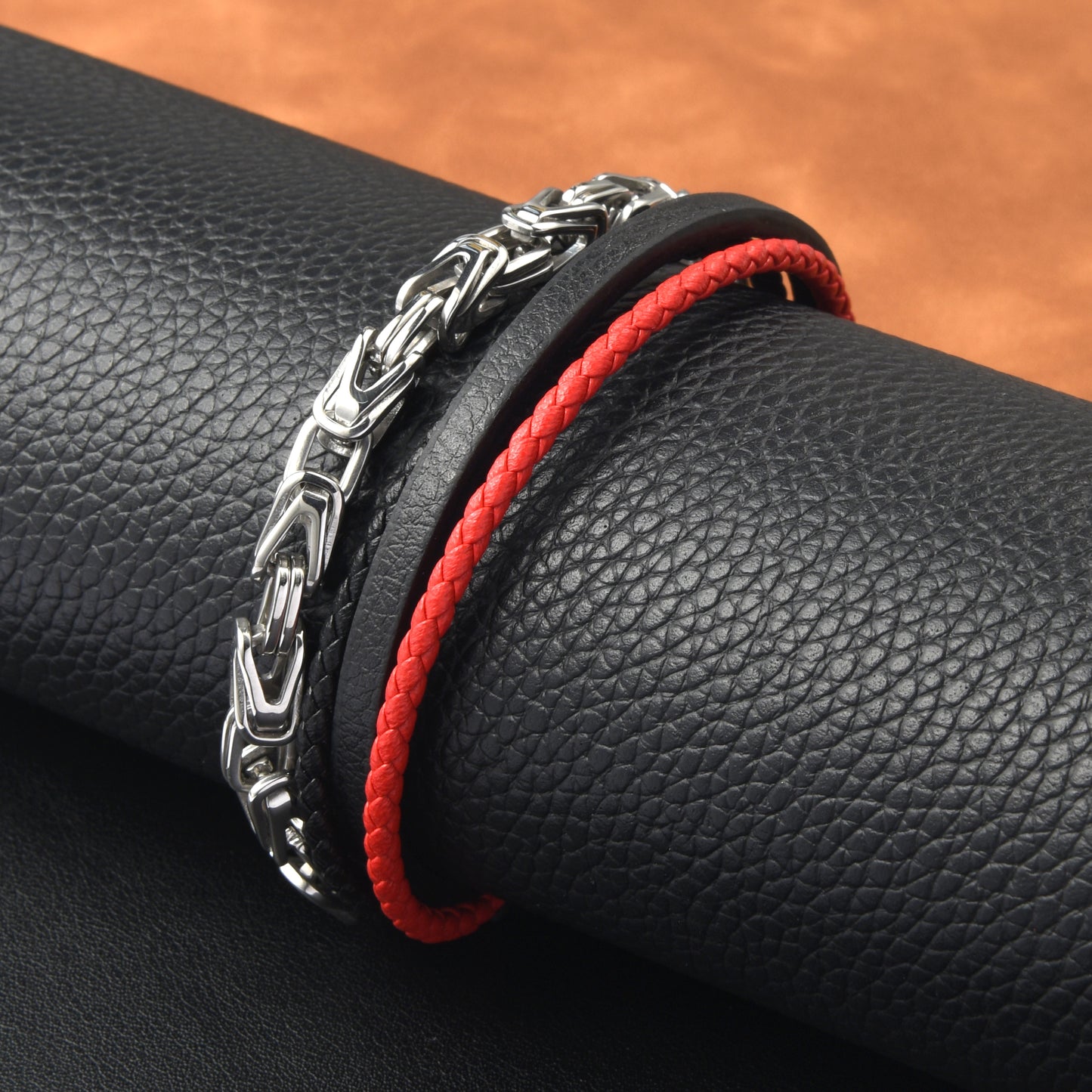 Men’s 4-Layer Stainless Steel Chain Red and Black Braided Leather Bracelet