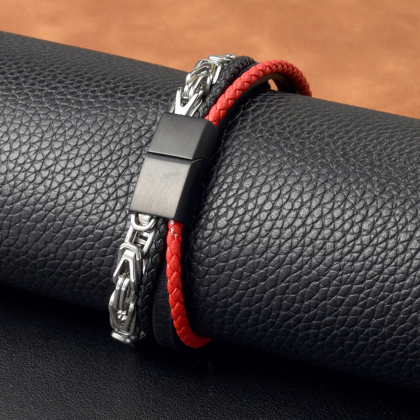 Men’s 4-Layer Stainless Steel Chain Red and Black Braided Leather Bracelet