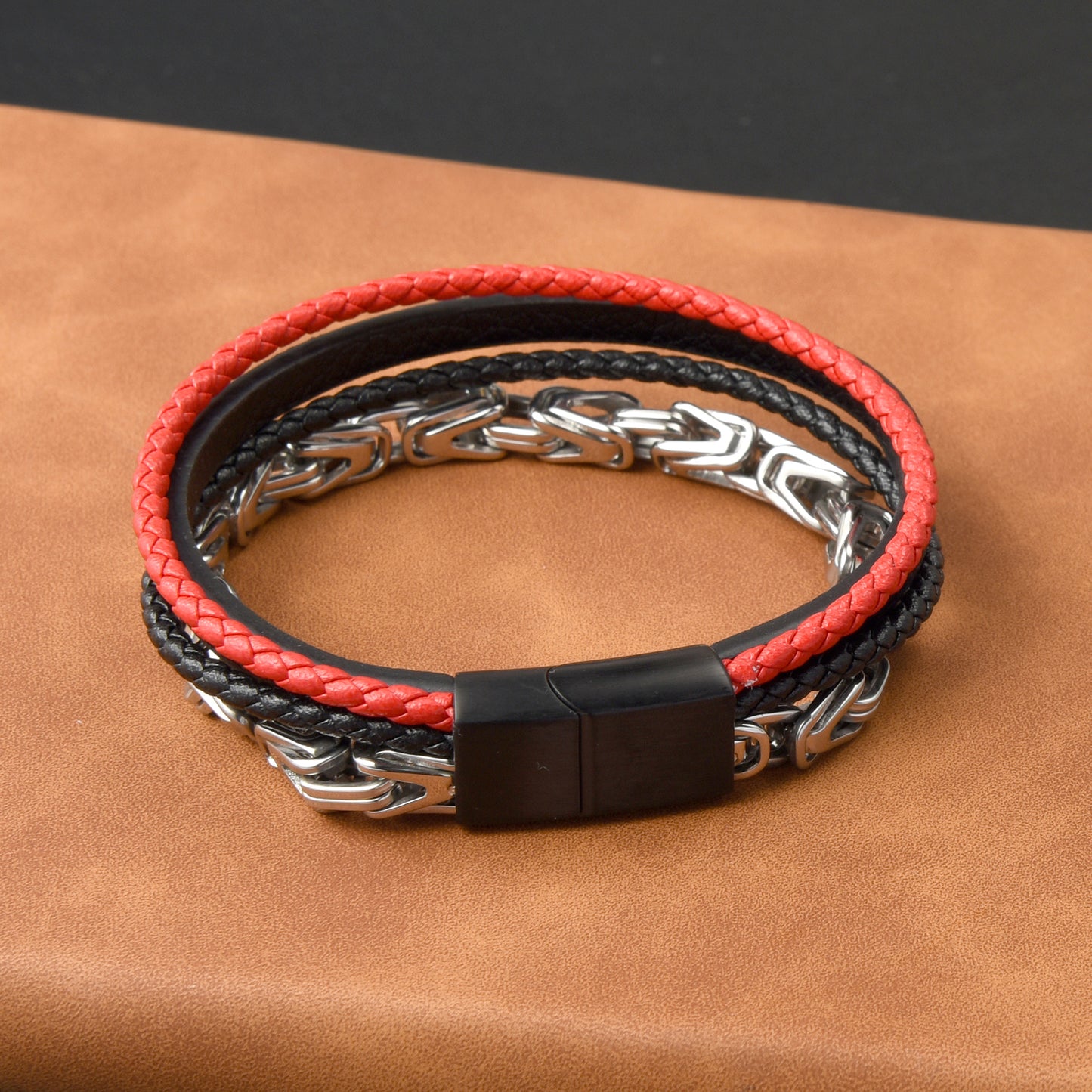 Men’s 4-Layer Stainless Steel Chain Red and Black Braided Leather Bracelet