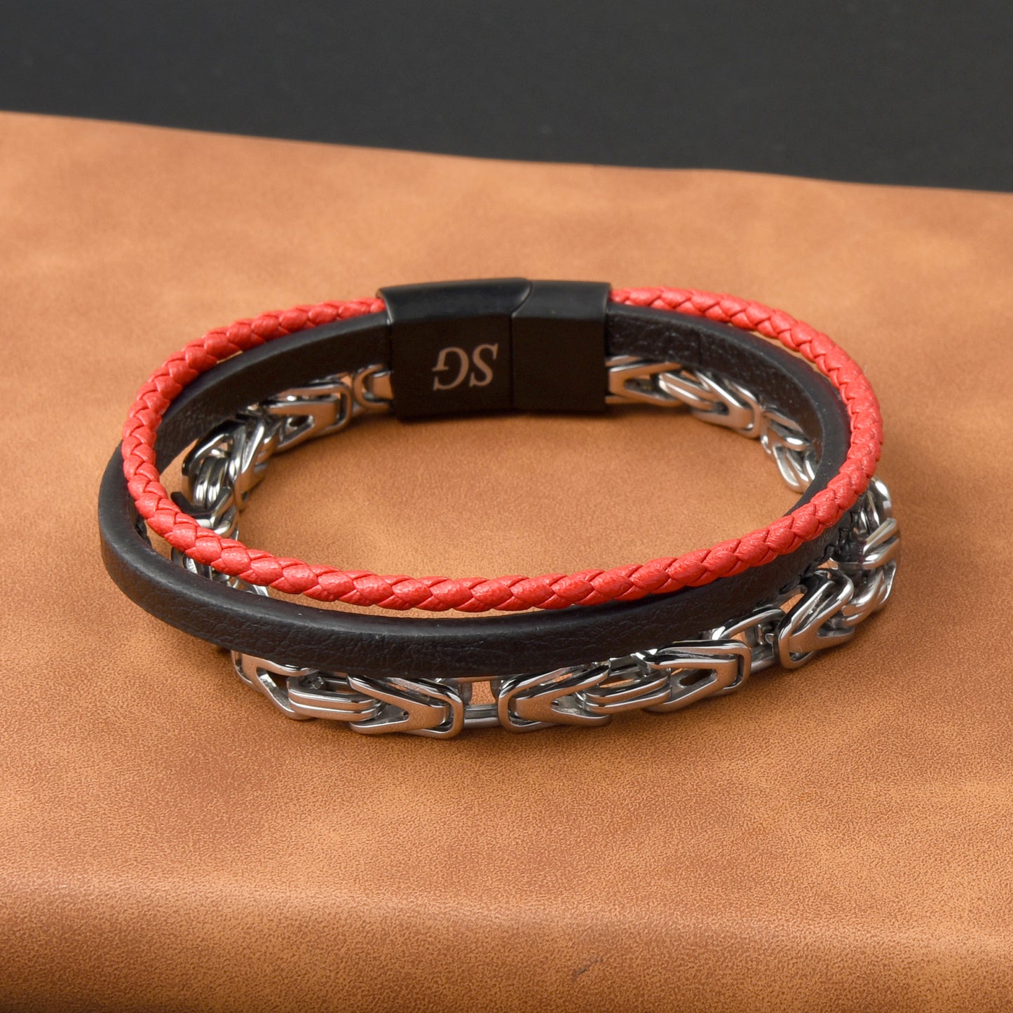 Men’s 4-Layer Stainless Steel Chain Red and Black Braided Leather Bracelet