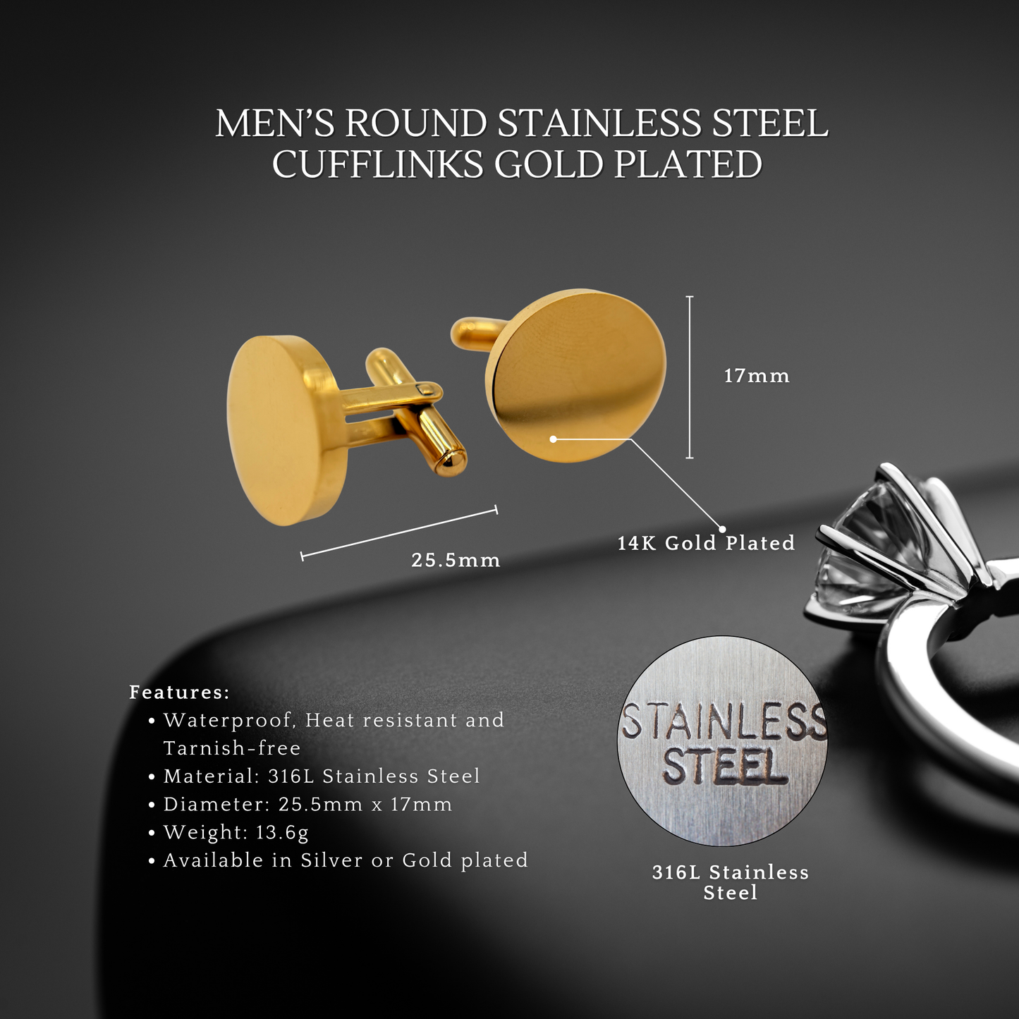 Men's Silver Round Stainless Steel Cufflinks