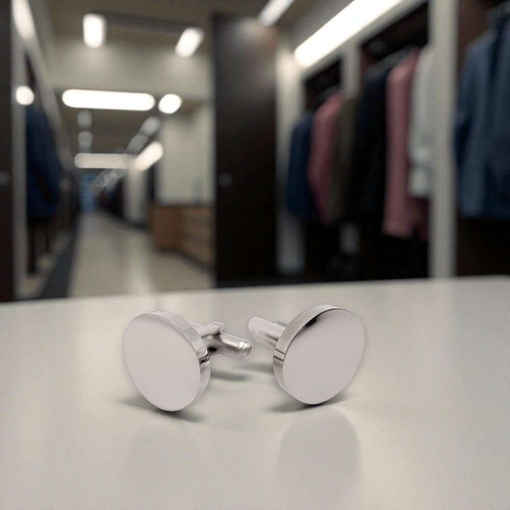 Men's Silver Round Stainless Steel Cufflinks