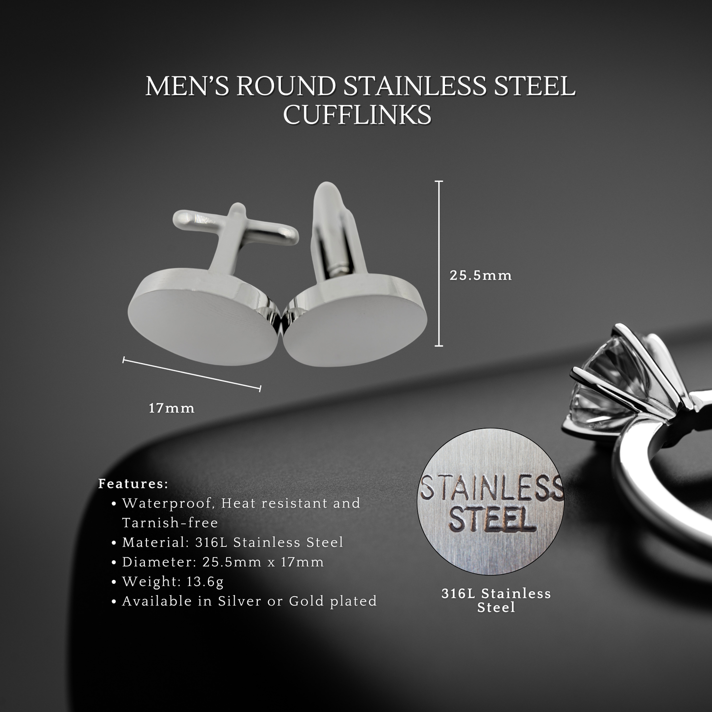 Men's Silver Round Stainless Steel Cufflinks