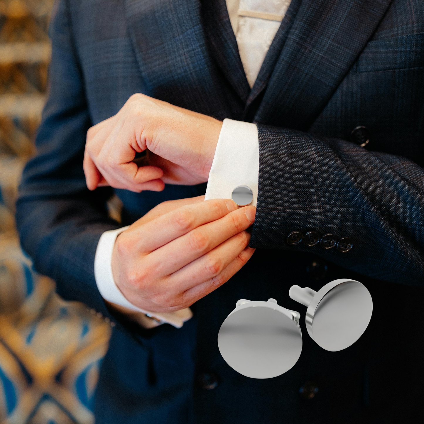 Men's Silver Round Stainless Steel Cufflinks