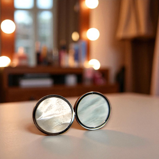 Men's Silver Round Stainless Steel Pearl Cufflinks