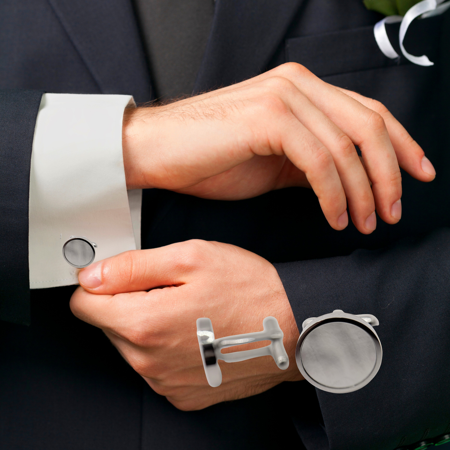 Men's Silver Round Stainless Steel Pearl Cufflinks