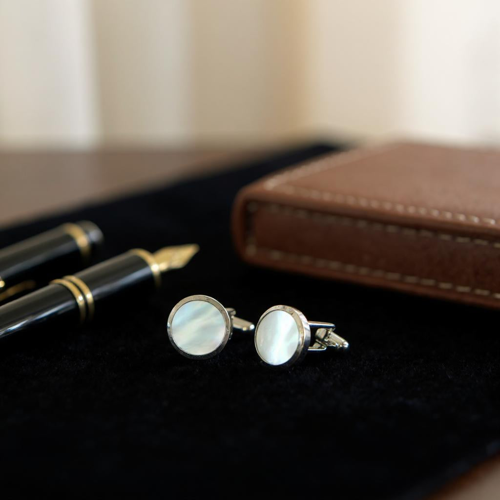 Men's Silver Round Stainless Steel Pearl Cufflinks