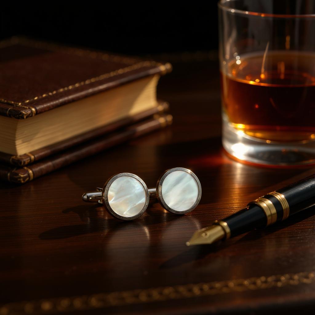 Men's Silver Round Stainless Steel Pearl Cufflinks