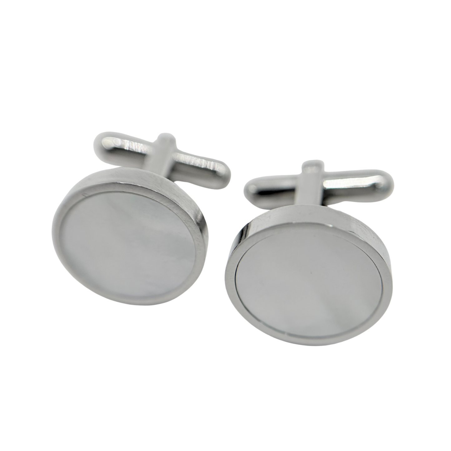 Men's Silver Round Stainless Steel Pearl Cufflinks