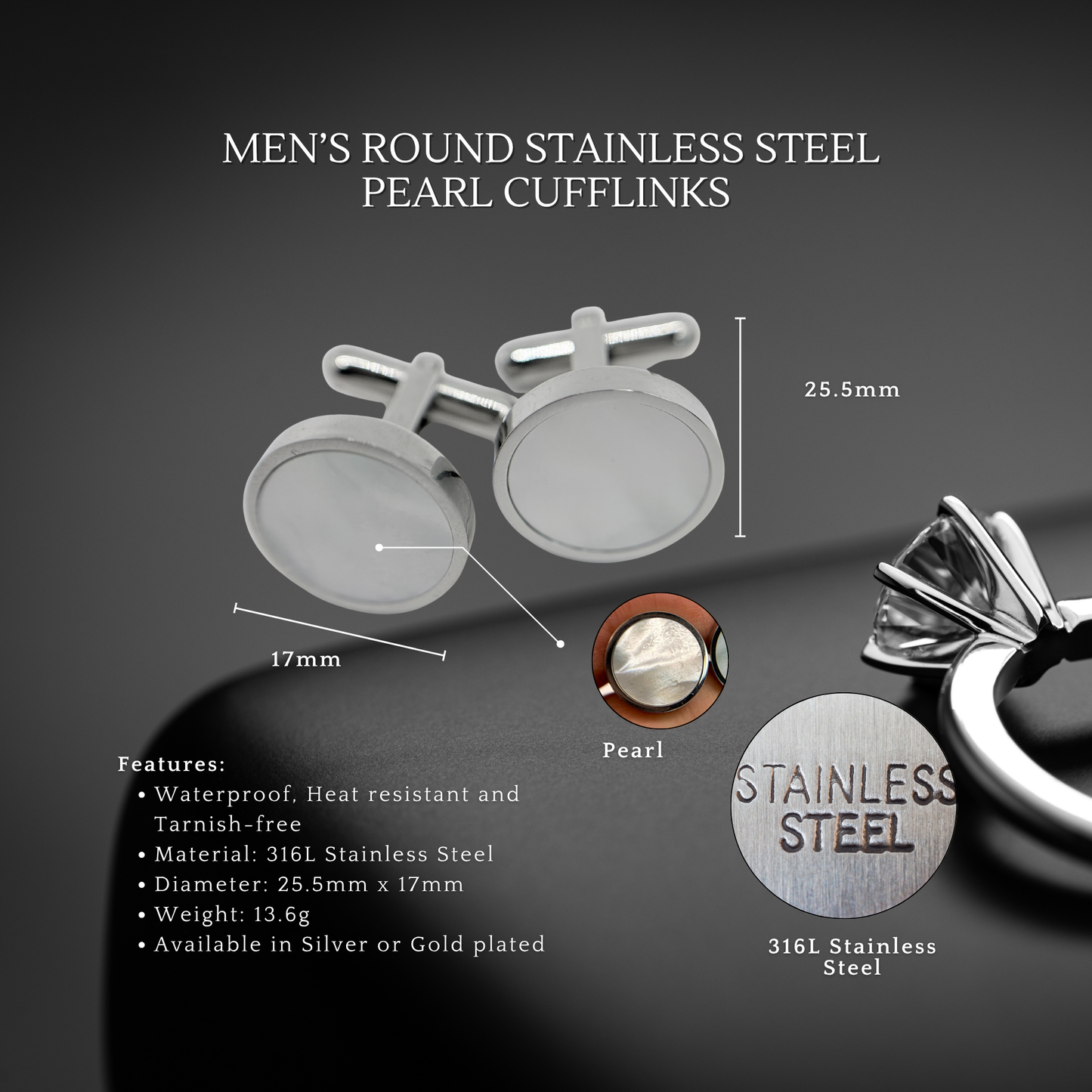 Men's Silver Round Stainless Steel Pearl Cufflinks