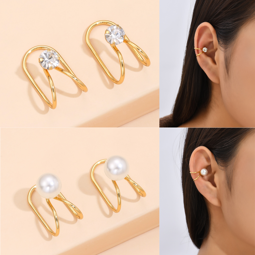 Stainless Steel Gold Tone Ear Cuff Earrings – Pearl or Crystal