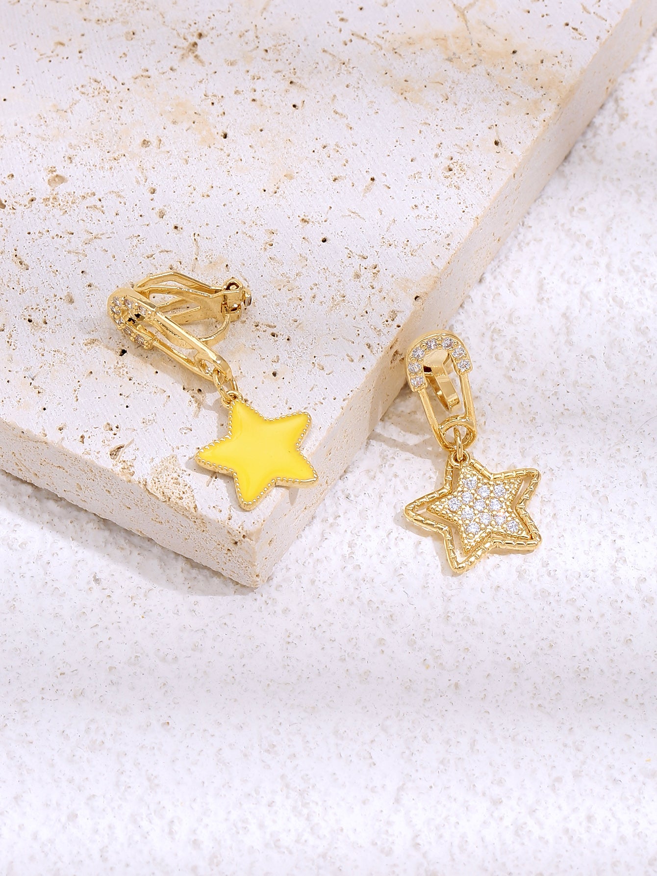 Star Dangle Mismatched Non Pierced Clip On Earrings in Golden Tone with Zirconia