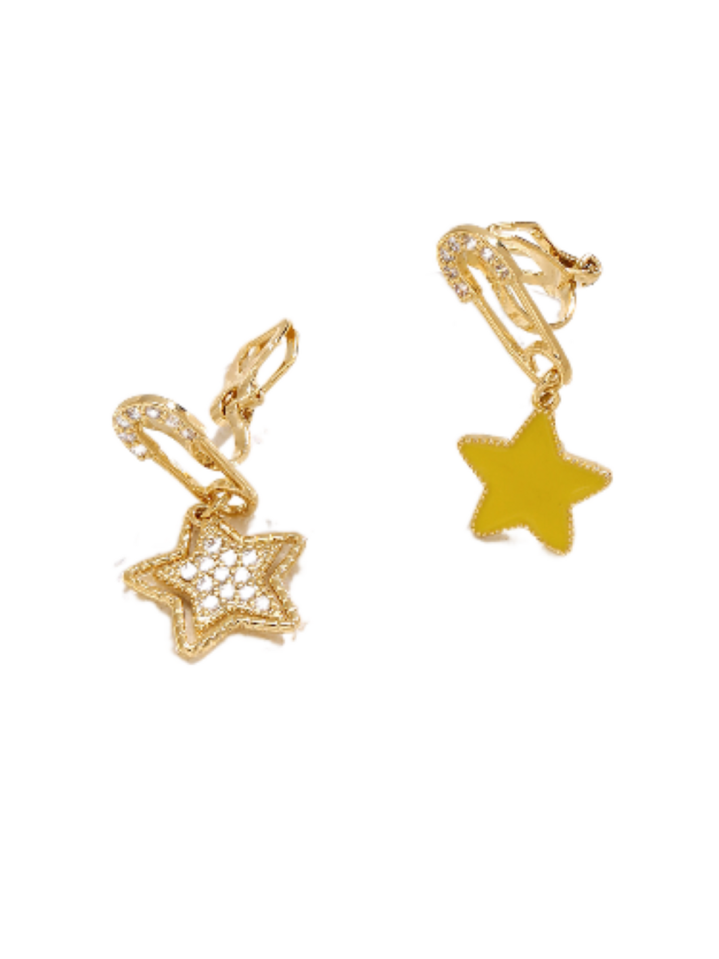 Star Dangle Mismatched Non Pierced Clip On Earrings in Golden Tone with Zirconia