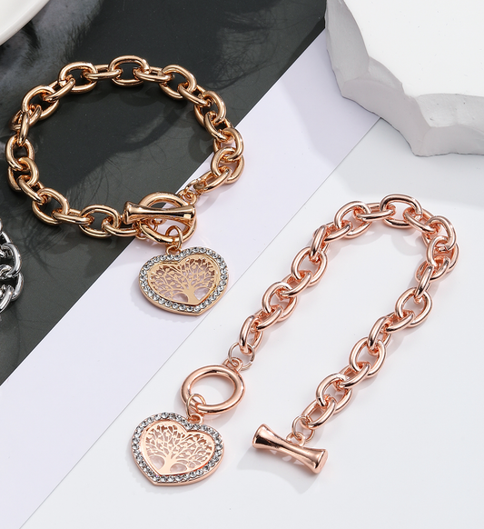 Crystal Heart Shaped Tree of life Bracelet -Rose Gold