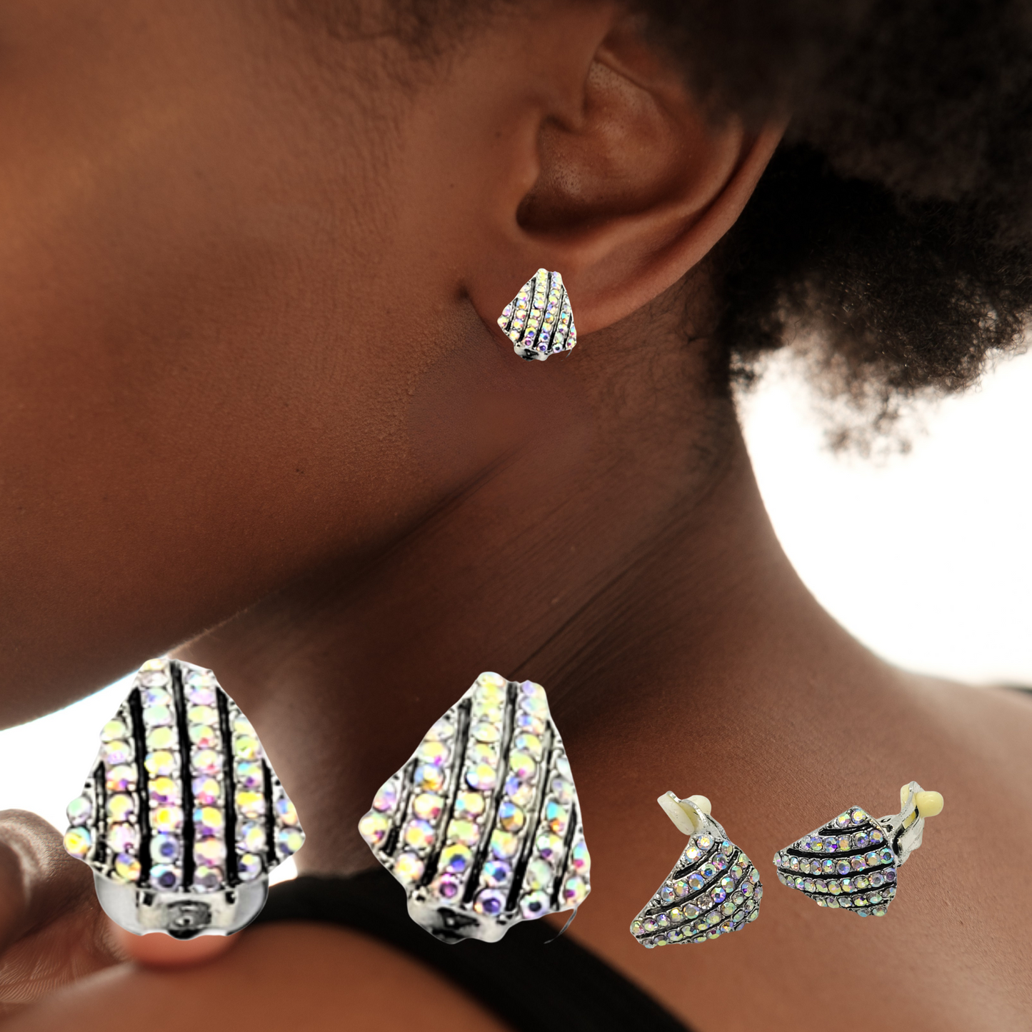 Crystal Shell Shaped Stud Clip On Non Pierced Earrings – Silver or Black