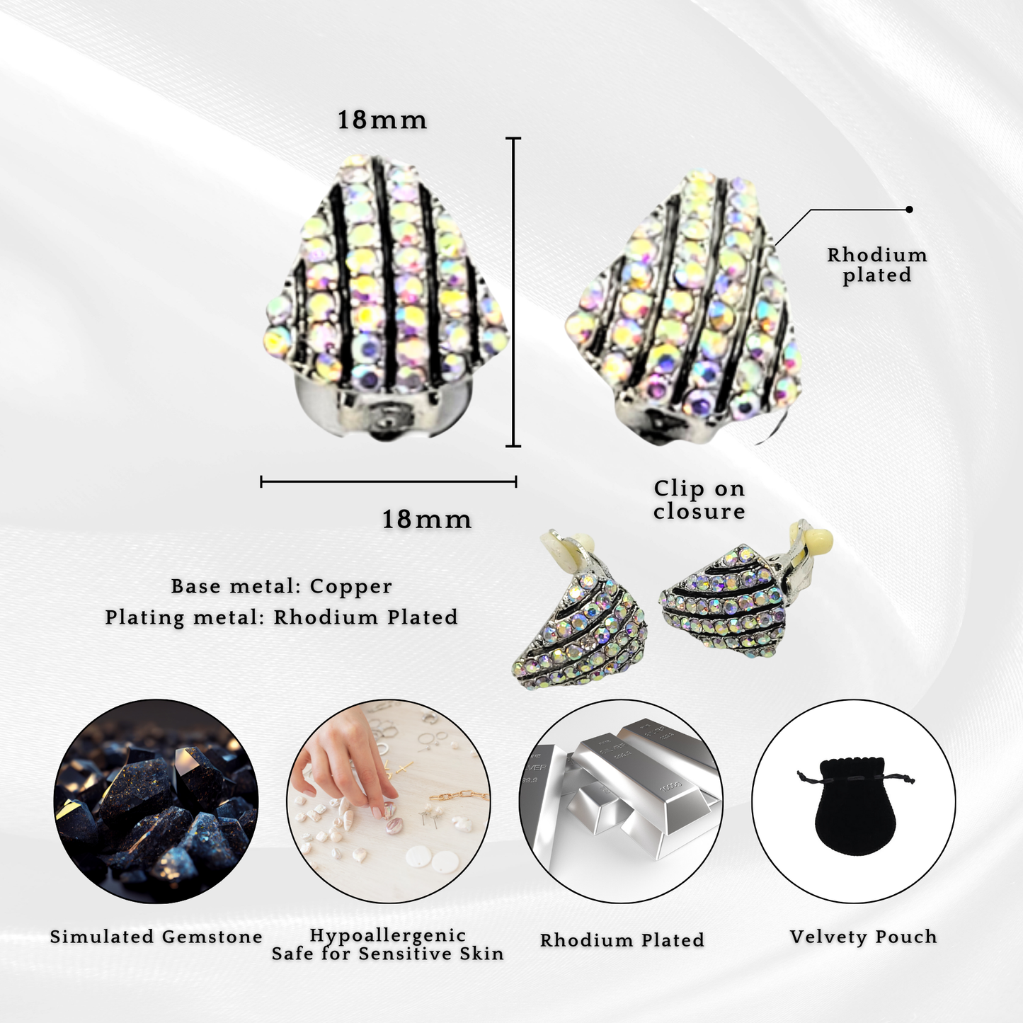 Crystal Shell Shaped Stud Clip On Non Pierced Earrings – Silver or Black