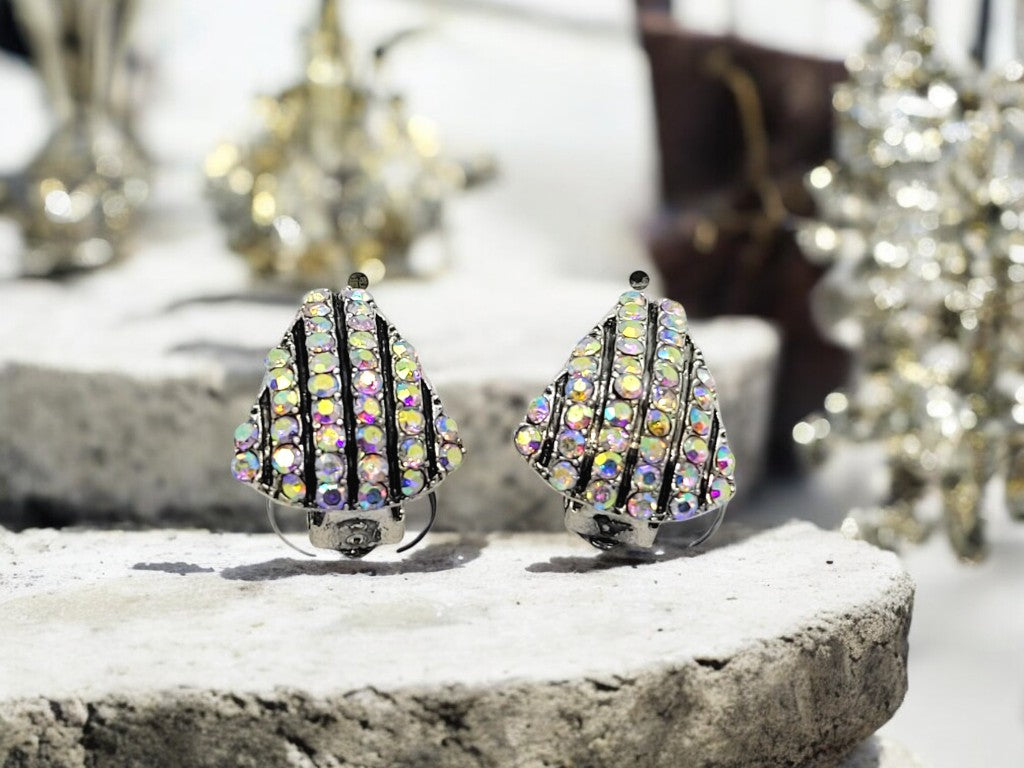 Crystal Shell Shaped Stud Clip On Non Pierced Earrings – Silver or Black