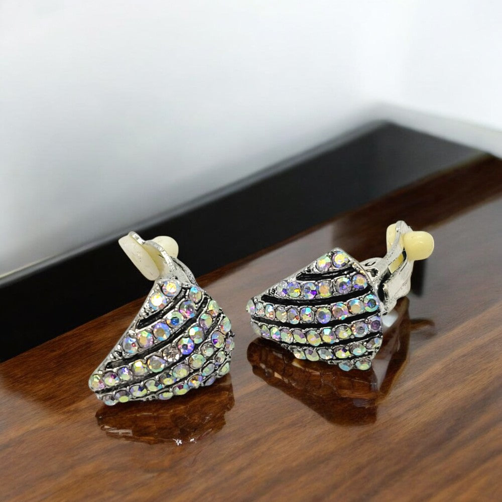 Crystal Shell Shaped Stud Clip On Non Pierced Earrings – Silver or Black