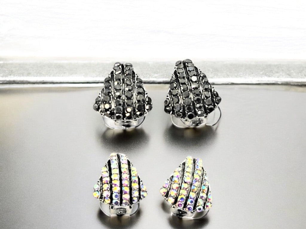 Crystal Shell Shaped Stud Clip On Non Pierced Earrings – Silver or Black