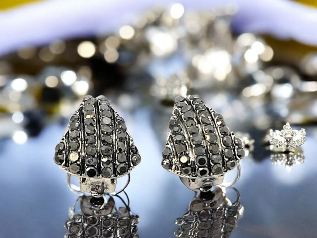 Crystal Shell Shaped Stud Clip On Non Pierced Earrings – Silver or Black
