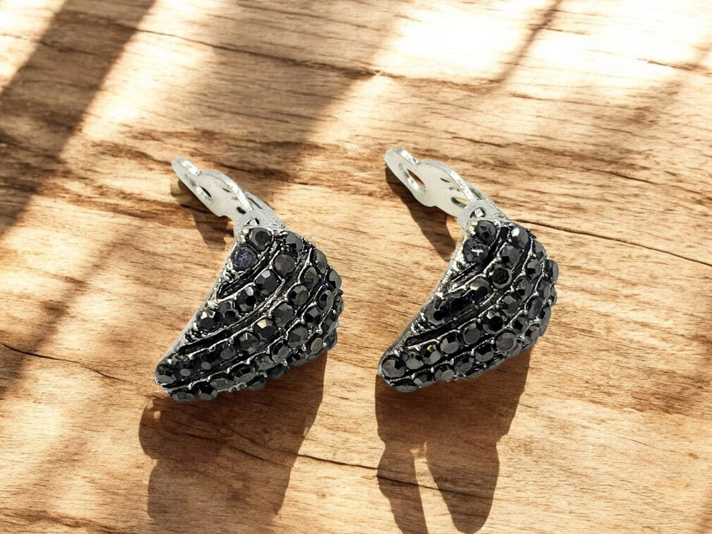 Crystal Shell Shaped Stud Clip On Non Pierced Earrings – Silver or Black