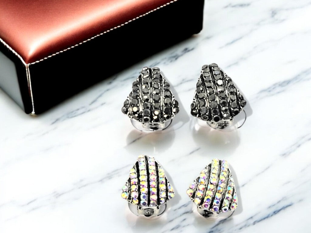 Crystal Shell Shaped Stud Clip On Non Pierced Earrings – Silver or Black