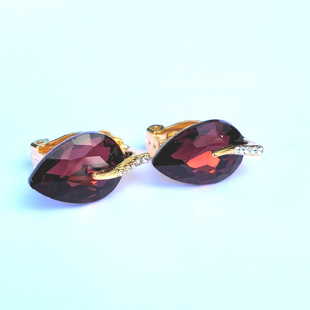 Crystal Gold Tone Leaf Stud Clip On Non Pierced Earrings – Blue, Red, Clear or Purple