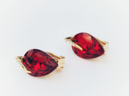 Crystal Gold Tone Leaf Stud Clip On Non Pierced Earrings – Blue, Red, Clear or Purple