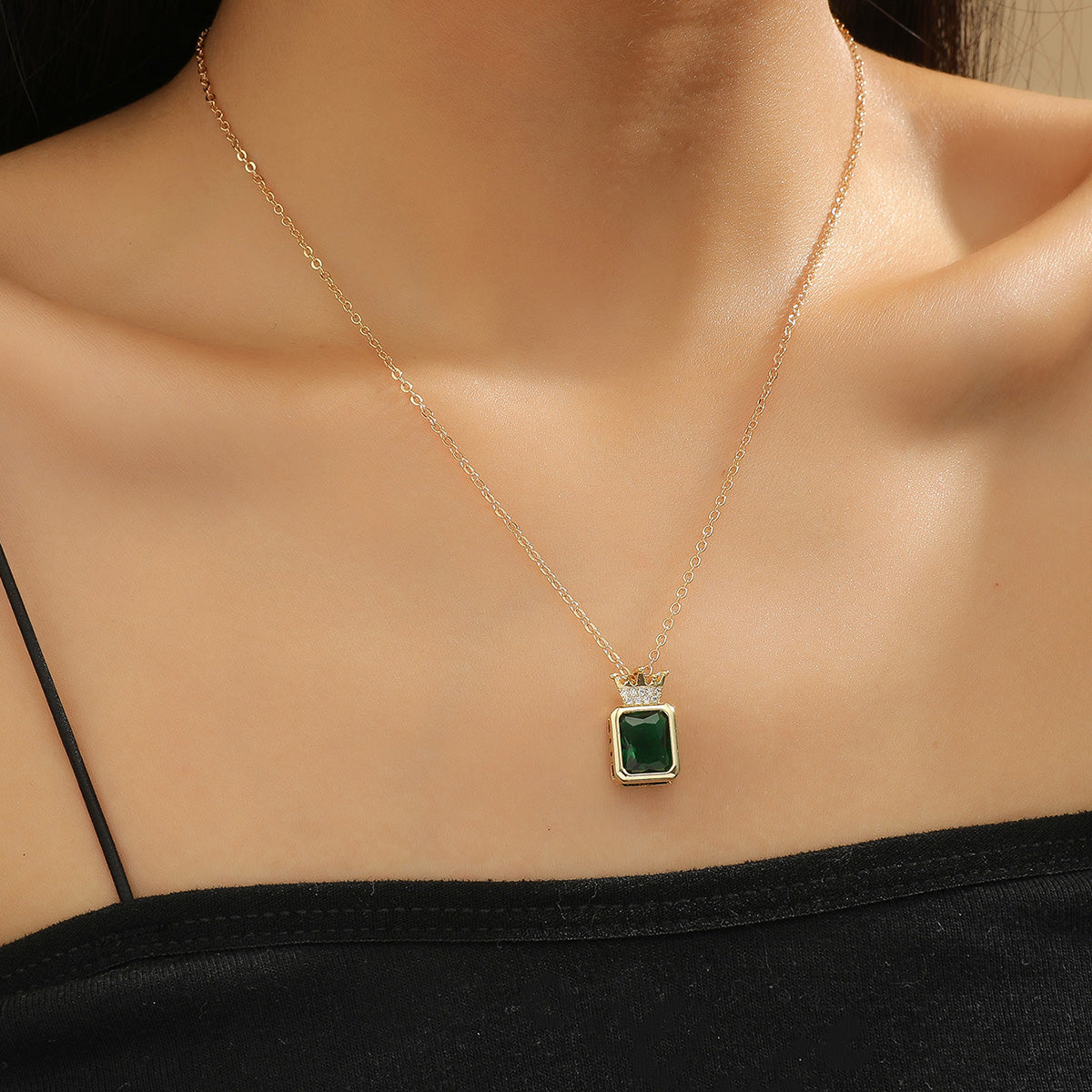 Emerald Crown Green Zircon Crystal Gold Tone Pendant Necklace