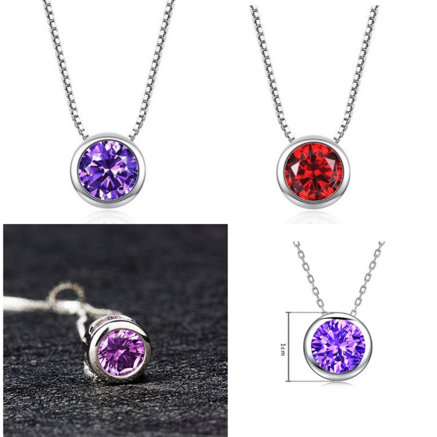 Silver Tone Round Crystal Necklace – Purple or Red