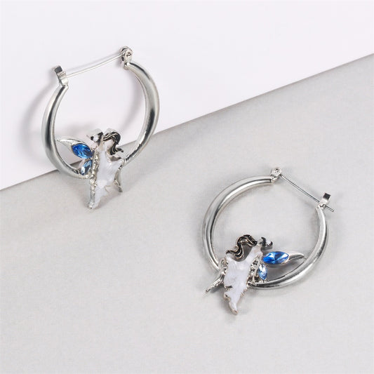 Silver Tone Dancing Lady Fairy Hoop Earring with blue Crystals