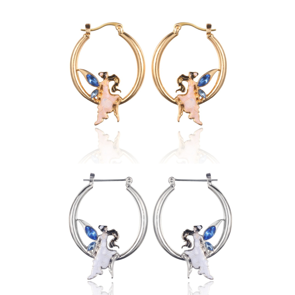 Dancing Lady Fairy Hoop Earring with blue Crystals Silver,Gold