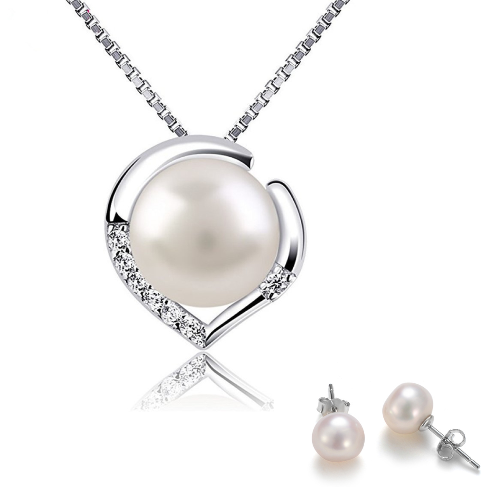 Pearl Crystal Pendant and Earrings Set