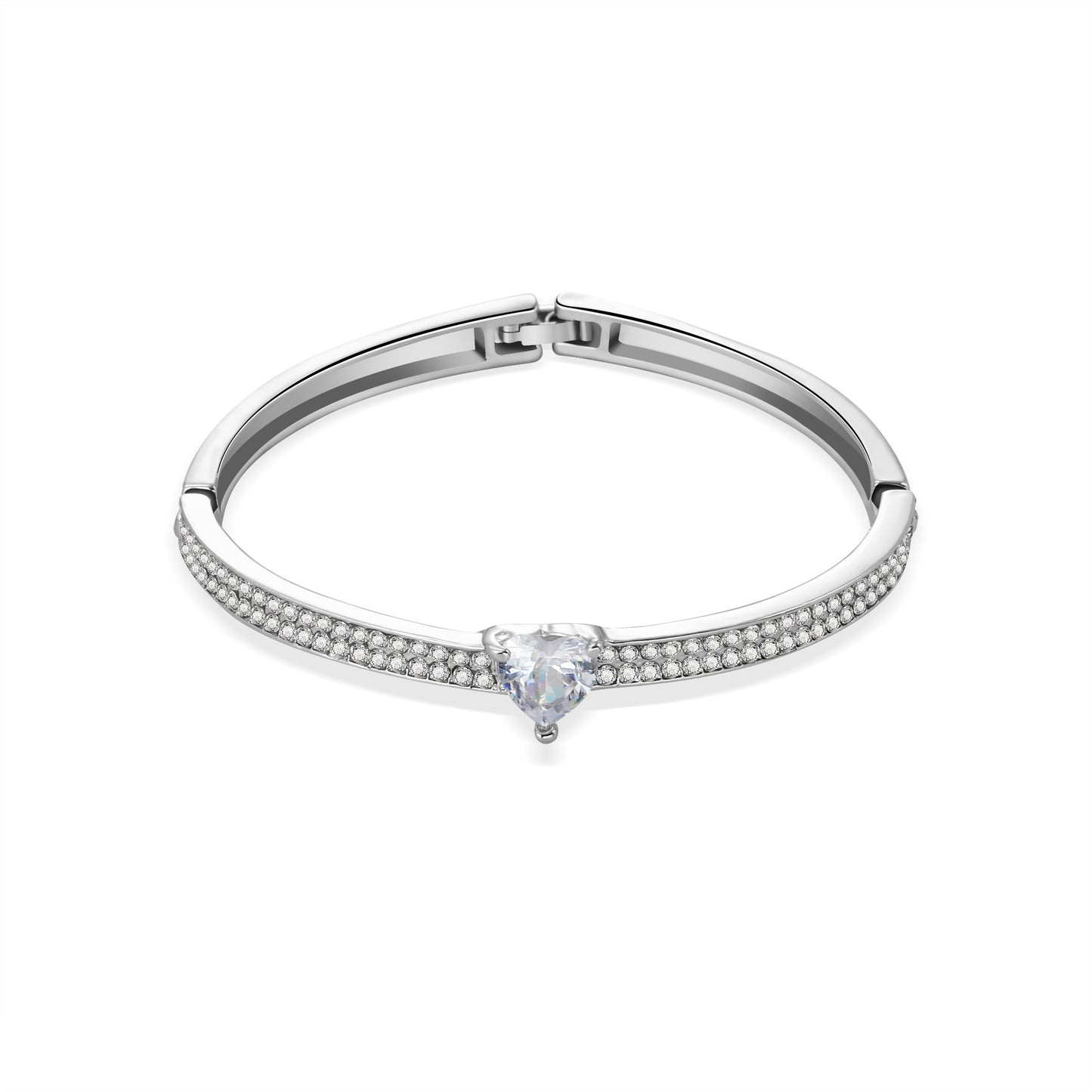 Silver Tone Heart Crystal Bangle