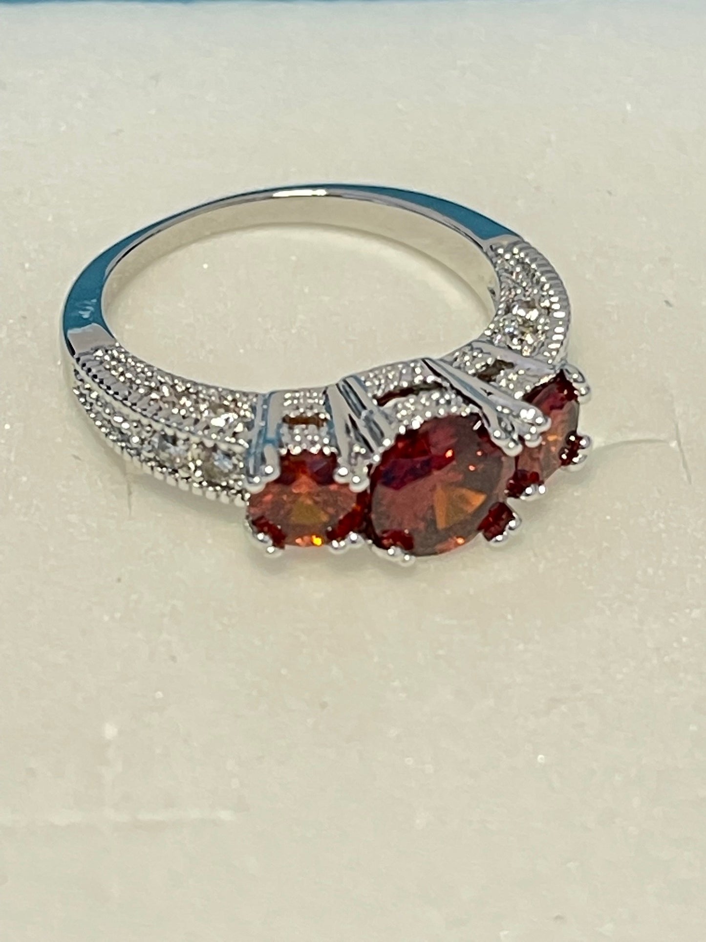 Vintage Three Stone Red Ruby Zircon Crystals Silver Ring - 4 Sizes