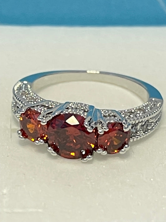 Vintage Three Stone Red Ruby Zircon Crystals Silver Ring - 4 Sizes