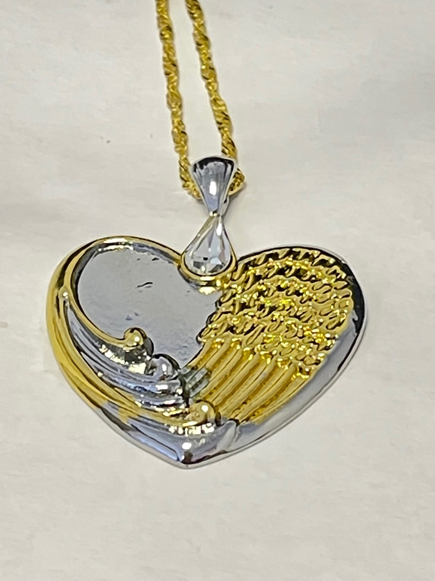 Heart-Shaped Two Tone Angel Wing Pendant Necklace