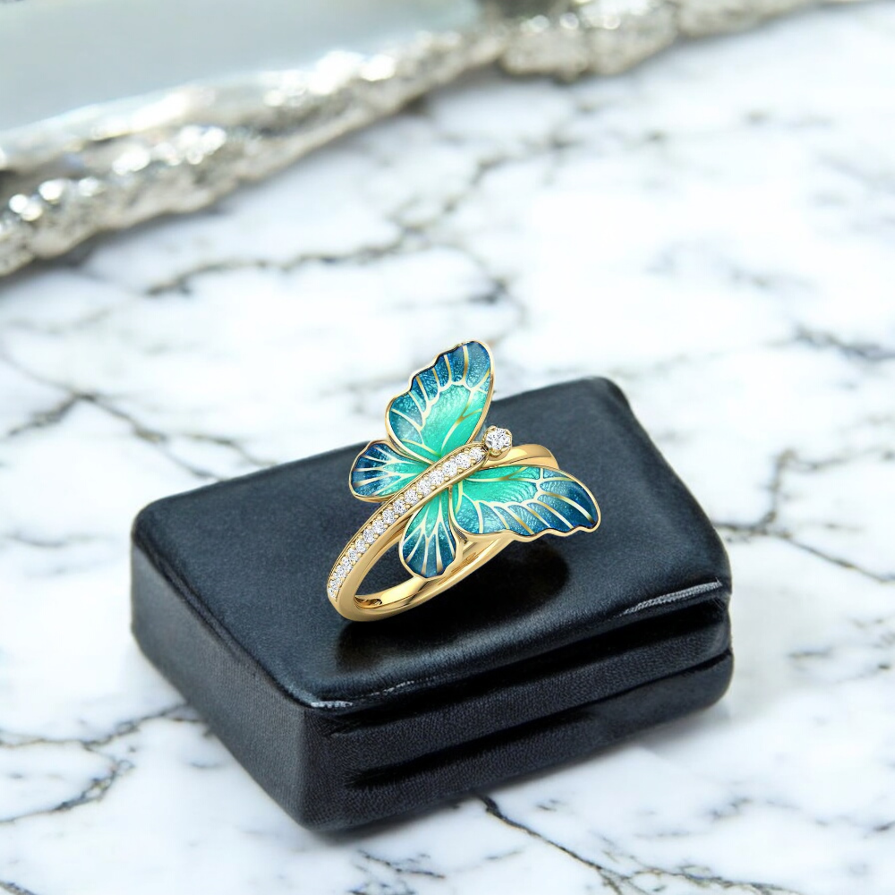 Stunning Gold Tone Blue Butterfly Ring
