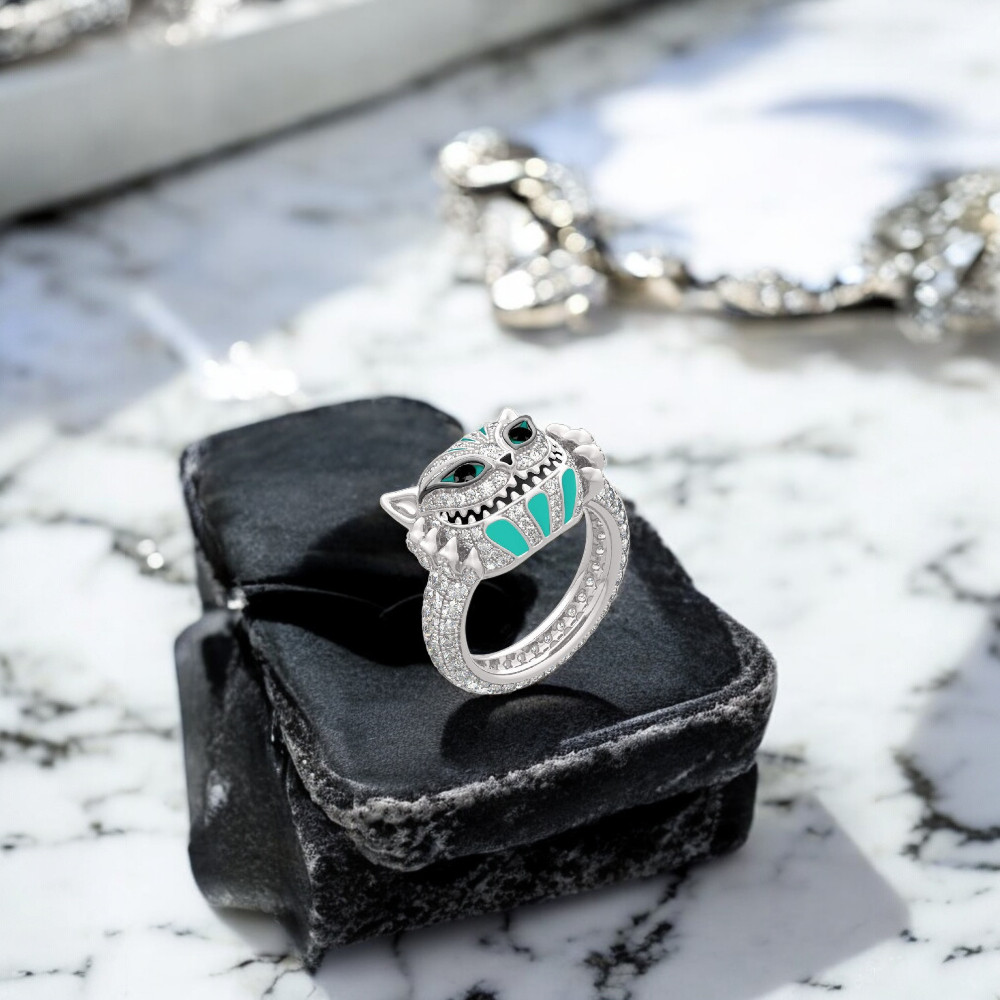 Skull Cat Face Stitch Crystal Filled Silver Tone Ring