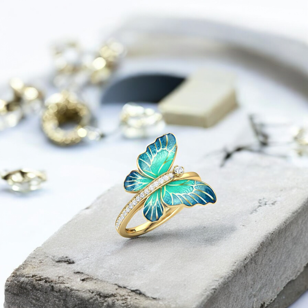 Stunning Gold Tone Blue Butterfly Ring