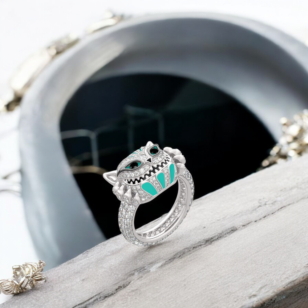 Skull Cat Face Stitch Crystal Filled Silver Tone Ring